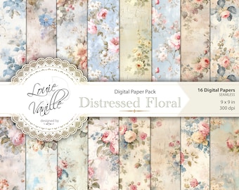 Vintage Distressed Floral Digital Paper Pack, SEAMLESS Background Paper Set, Scrapbooking and Junk Journal Printables