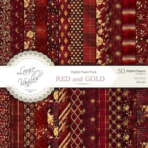 Papel digital rojo y dorado, patrones desgastados SIN COSTURAS, páginas para álbumes de recortes, juego de papeles vintage, collages digitales imprimibles para diarios basura