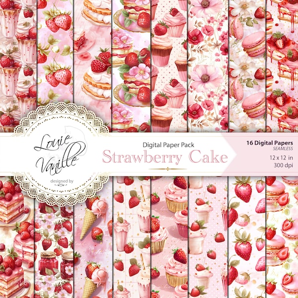 Strawberry Digital Paper Pack, Vintage SEAMLESS Paper Set, Scrapbooking and Junk Journal Printables