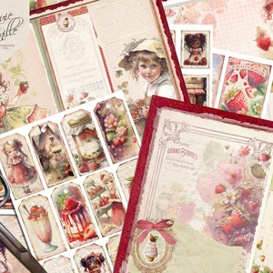 Junk Journal Kit Strawberry Printable, Vintage Scrapbook Kit, Antique Distressed Aged Sheet, A4-Blätter, Grunge Texturen, gerissene Kanten