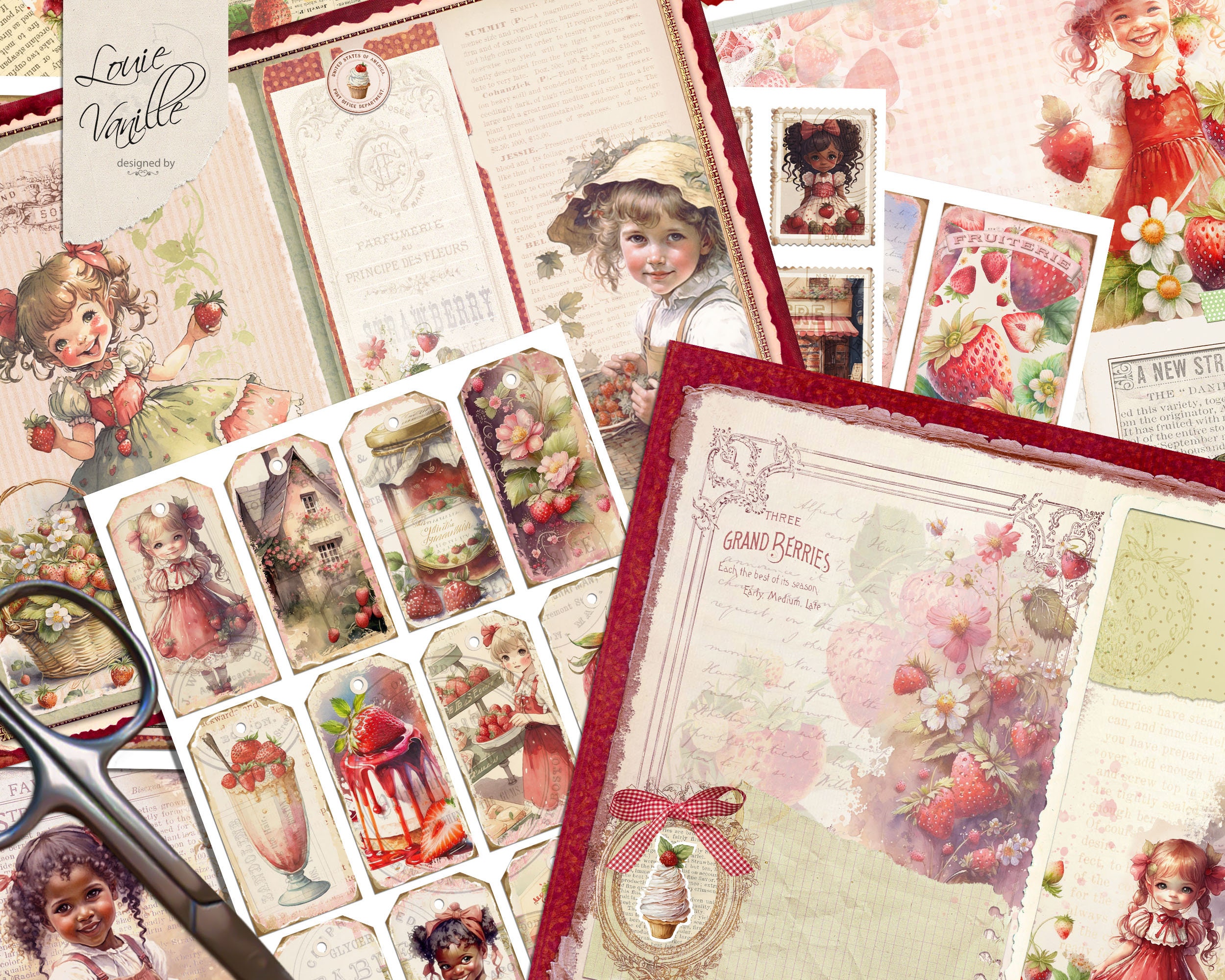 Junk Journal Kit Strawberry Printable, Vintage Scrapbook Kit, Antique ...