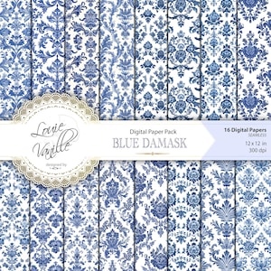 Pacote de papel digital Damasco azul, fundo azul Delft SEAMLESS desgastado, chique, diário de lixo e scrapbooking