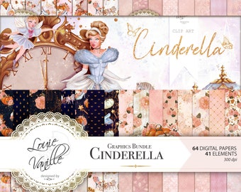 Cinderella Princess Scrapbooking Paper Bundle, Clip art Fantasy Backgrounds Digital Scrapbooking Kits