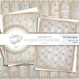 Carta digitale antica, blu cottage vintage, 8,5"x11", bordi strappati, motivo floreale francese, sfondo testurizzato e rovinato, pagine di scrapbooking per diario spazzatura