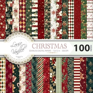 Christmas 100 Vintage Distressed Seamless Digital Papers, 100 Christmas Backgrounds, 100 Holidays Paper Set, Red Green Gold Scrapbook Pages