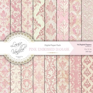Pacote de papel digital rosa damasco em relevo, papel desgastado SEM COSTURA, fundo em relevo, diário de lixo surrado, papel para scrapbook
