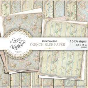 Vintage French Blue Old Digital Paper, 8.5"x 11", Vintage Cottage Blue Floral, Textured Distressed Background, Junk Journal Scrapbook Pages