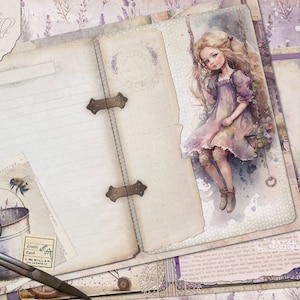 Junk Journal Lavendel Printable, Vintage Scrapbook Kit, Lila Antik Distressed Aged Blatt, A4 Blätter, Grunge Texturen, Ripped Kanten
