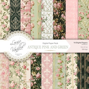 Paquet de papier numérique antique rose et vert vintage, fond vieilli sans couture antique, shabby chic, journal indésirable et scrapbooking