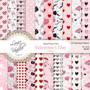 Papel digital SEAMLESS del Día de San Valentín, Hoja de álbum de recortes de amor romántico Doodle, 20 patrones SEAMLESS