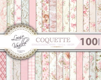 Coquette Digital Paper Pack, 100 nahtlose Pastellrosa Rosen Hintergründe, Shabby Chic Rosa Papierset, Weicher Vintage Frühling Scrapbooking