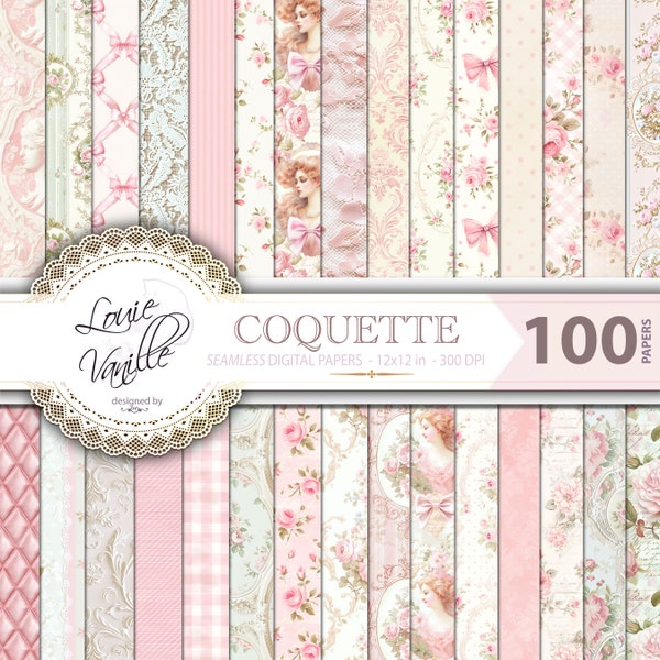Coquette Digital Paper Pack, 100 Seamless Pastel Pink Roses Backgrounds, Shabby Chic Pink Paper Set, Soft Vintage Spring Scrapbooking