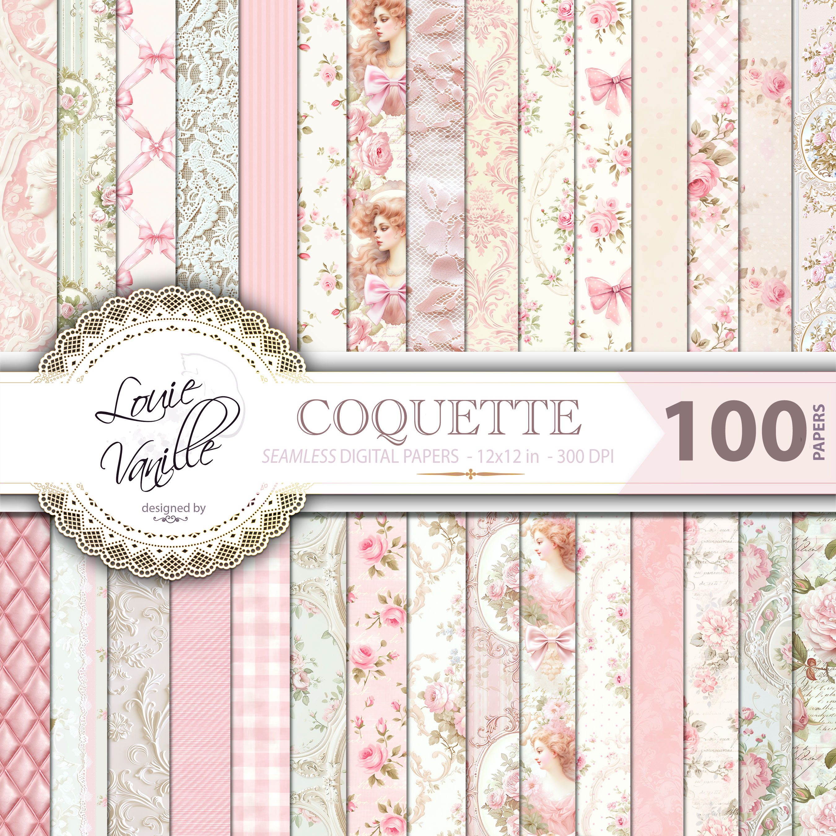 Coquette Digital Paper Pack: 100 Pink Roses, Shabby Chic (Digital Download)