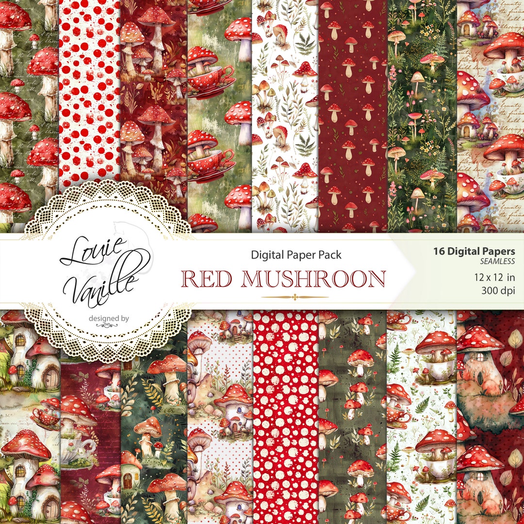 Red Mushroom Digital Paper Pack, Fantasy SEAMLESS Background Paper Set ...