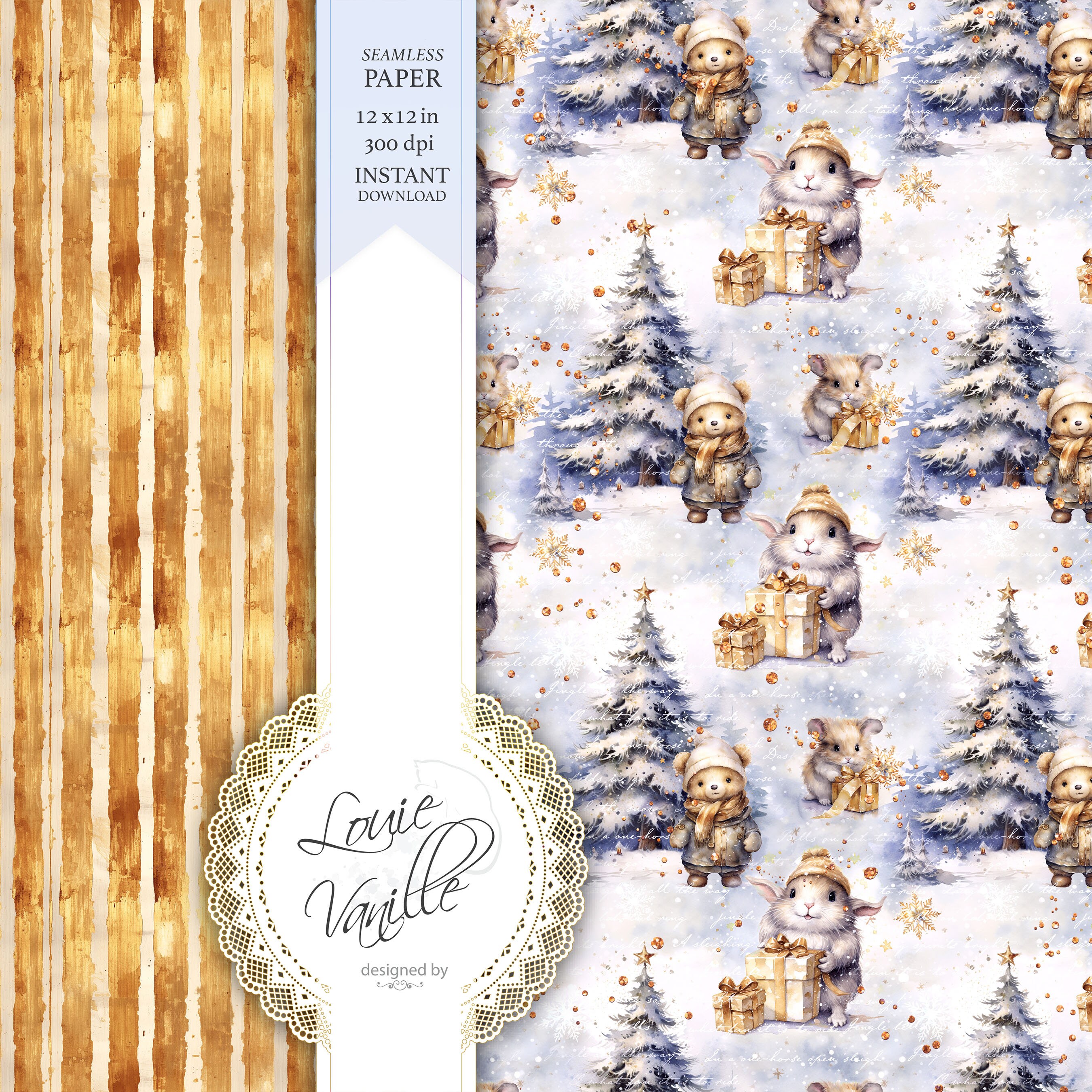 Christmas Digital Paper SEAMLESS, Blue and Gold Holiday Patterns