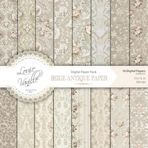 Beige Vintage Papier, NAHTLOSES digitales Papier, Beige Damast, Rokoko Barock Distressed Muster, Junk Journal druckbare digitale Collage