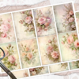 Tarjetas vintage de rosas Shabby Chic, papeles imprimibles de cabaña francesa, hojas de scrapbooking florales, descarga digital, suministros de diario basura