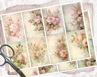 Shabby Chic Roses Vintage Cards, French Cottage Printable Papers, Floral Scrapbooking Sheets, Digital Download, Junk Journal Supplies