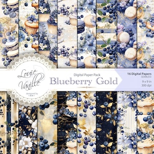 Blaubeere Gold Digital Paper Pack, NAHTLOSE Blaubeere Hintergrund Papier Set, Vintage Aquarell Scrapbooking und Junk Journal Ausdrucke