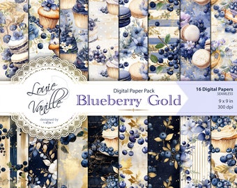 Blueberry Gold Digital Paper Pack, SEAMLESS Blueberry Background Paper Set, Vintage Watercolor Scrapbooking and Junk Journal Printables