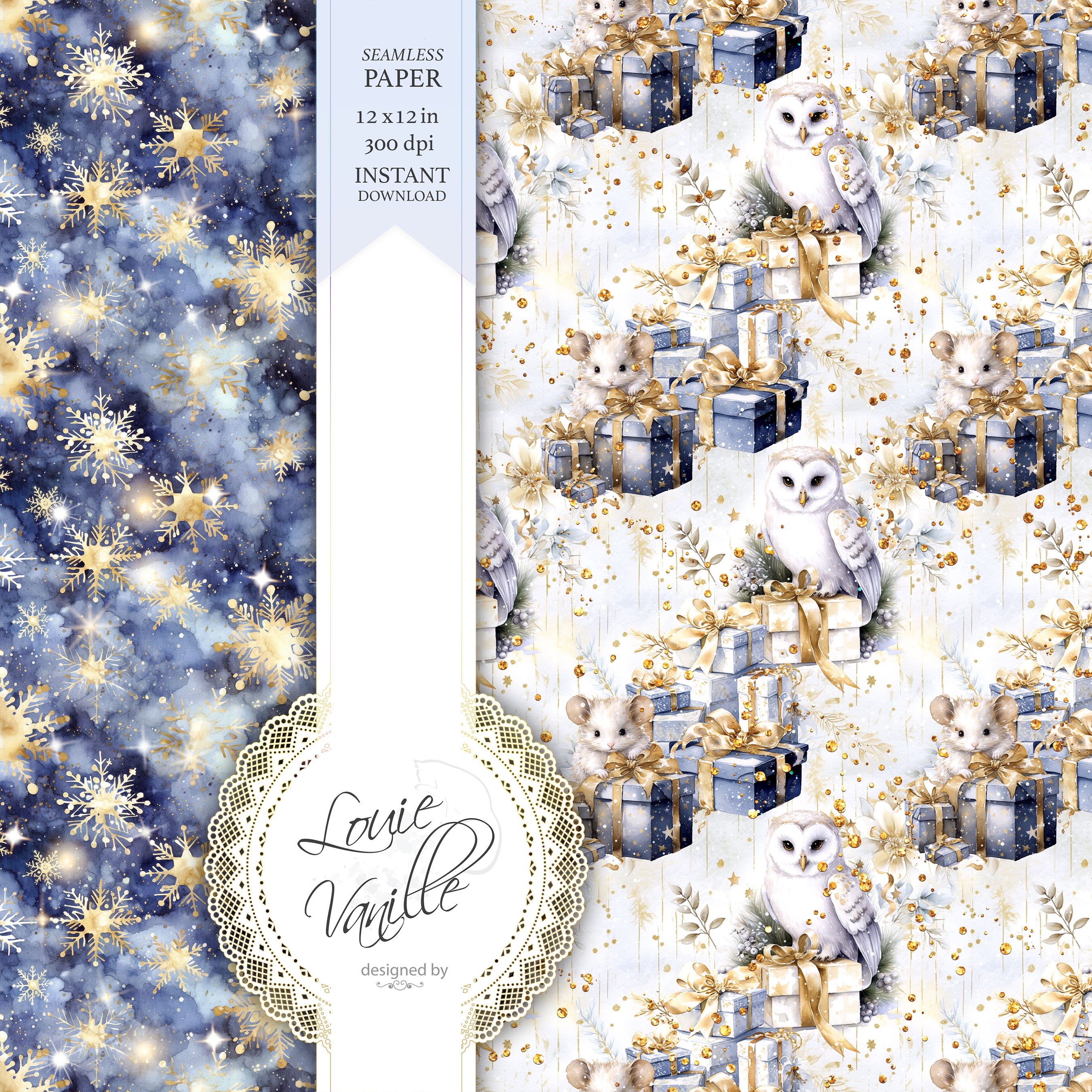 Christmas Digital Paper SEAMLESS, Blue and Gold Holiday Patterns