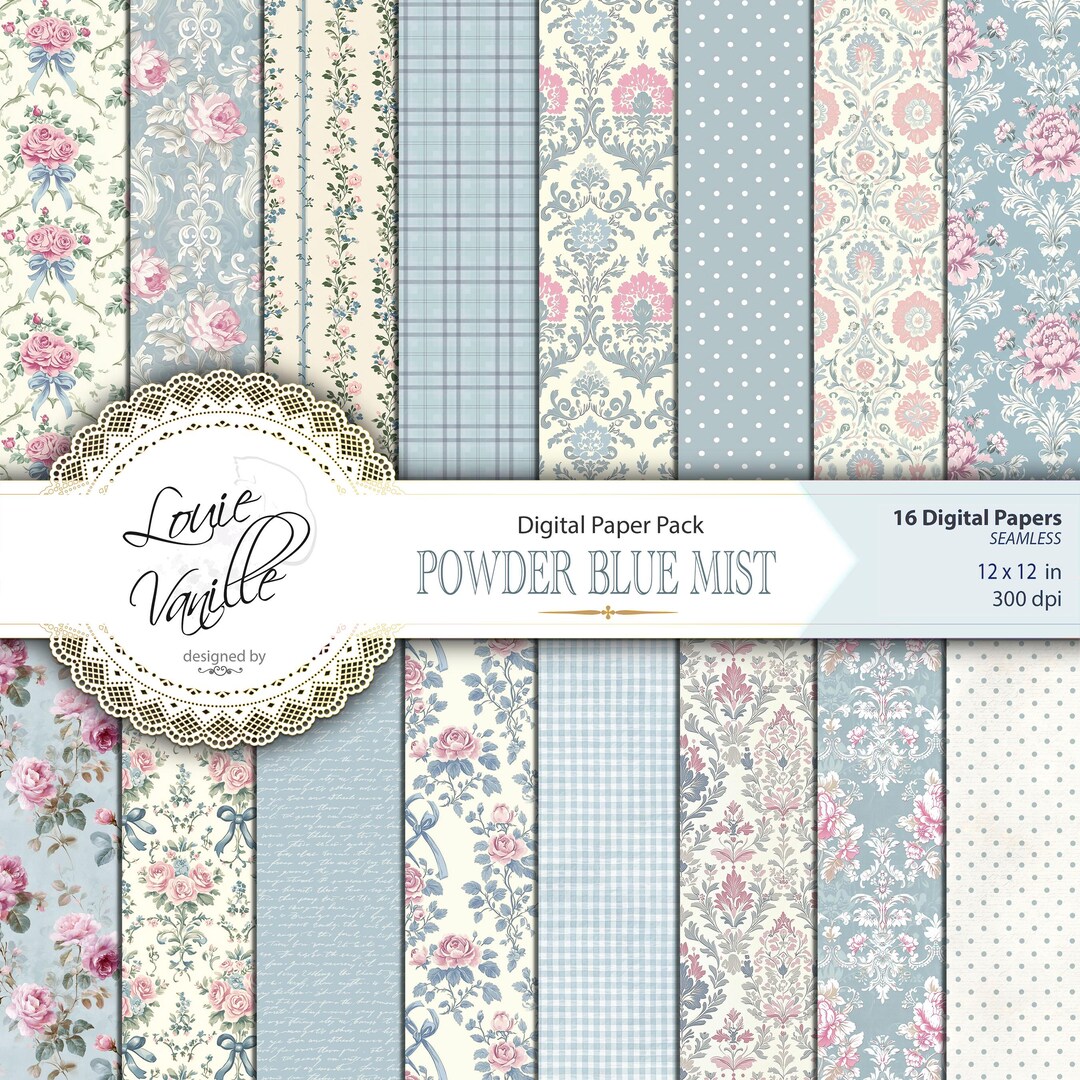 Powder Blue Mist Digital Paper Kit: Blue and Pink Seamless Scrapbook ...