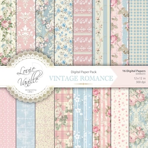 Pacchetto di carta digitale Vintage Romance rosa e blu, sfondo anticato rosa e blu senza cuciture, diario spazzatura e scrapbooking