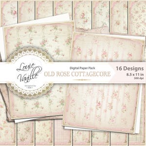 Carta digitale Vintage Rose Cottagecore, pagine con bordi strappati 8,5"x11", foglio per scrapbooking con sfondo invecchiato e texture floreale rosa