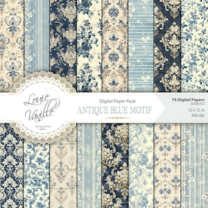 Paquet de papier numérique bleu et beige antique, arrière-plans sans couture à motifs vintage, textures de scrapbooking shabby chic et de journal indésirable