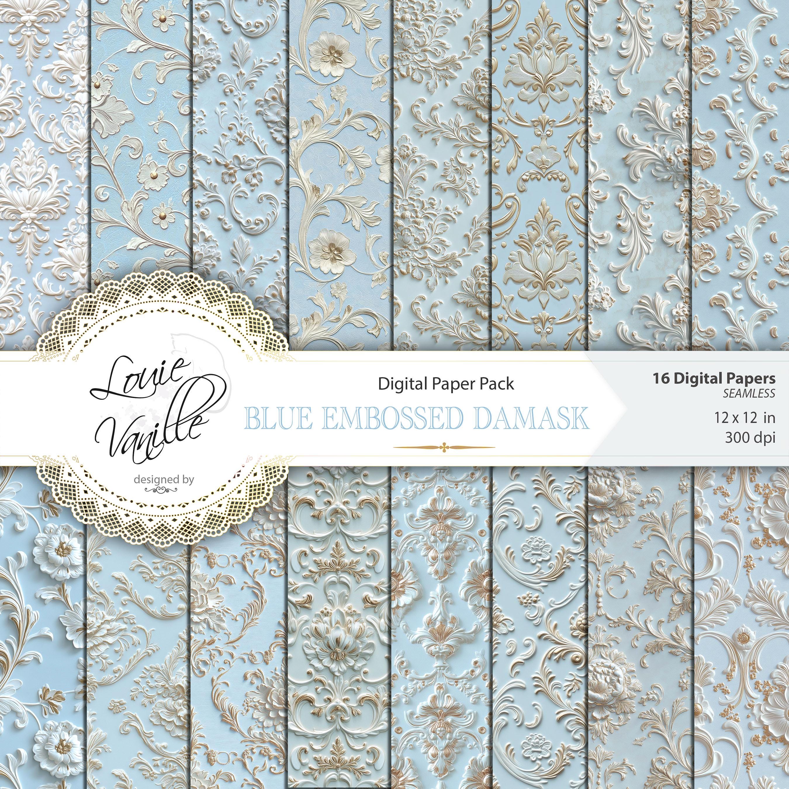 Embossed Damask Blue Digital Paper Pack, SEAMLESS Distressed Paper, Embossed Background, Shabby Junk Journal, Scrapbook Paper