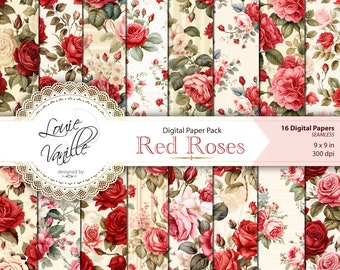 Red Roses Digital Paper Pack, SEAMLESS Vintage Distressed Background Paper Set, Scrapbooking and Junk Journal Printables