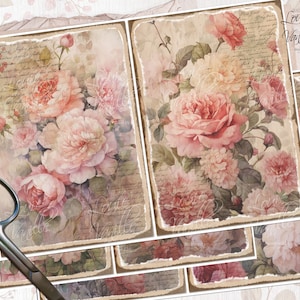 Pfingstrosen Scrapbooking Seiten, Vintage Junk Journal Kit, druckbare Papiere, digitaler Download, Junk Journal Zubehör