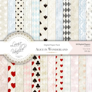 Pacote de papel digital vintage com fundo desgastado Alice no país das maravilhas, conjunto com 50 papéis, scrapbooking de fantasia
