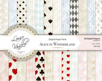 Alice in Wonderland Vintage Distressed Background Digital Paper Pack, 50 Paper Set, Fantasy scrapbooking