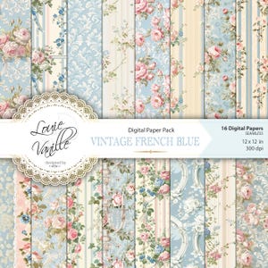 Vintage French Blue Digital Paper Pack, antiker, nahtloser, beunruhigter Hintergrund, Shabby Chic, Junk Journal und Scrapbooking