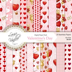 Papel digital SEAMLESS del Día de San Valentín, Hoja de álbum de recortes de osito de peluche romántico, 20 patrones SEAMLESS de historias de amor