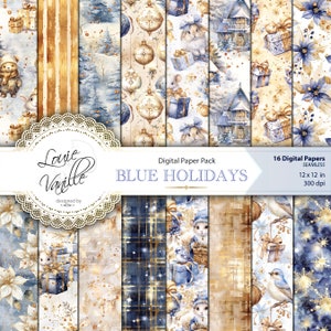 Carta digitale natalizia SEAMLESS, motivi natalizi blu e oro, forniture per scrapbooking natalizio, diario, collage digitale, stampabili