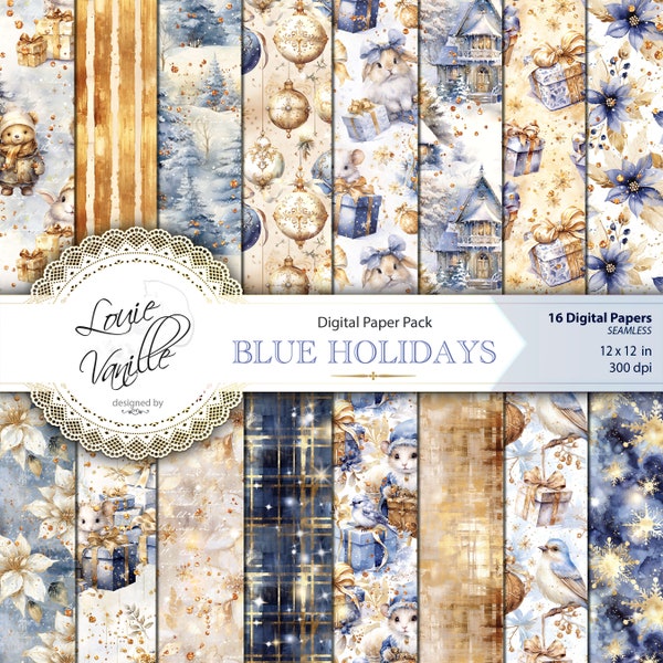 Christmas Digital Paper SEAMLESS, Blue and Gold Holiday Patterns, Christmas Scrapbooking Supplies Journal Printables Digital Collage