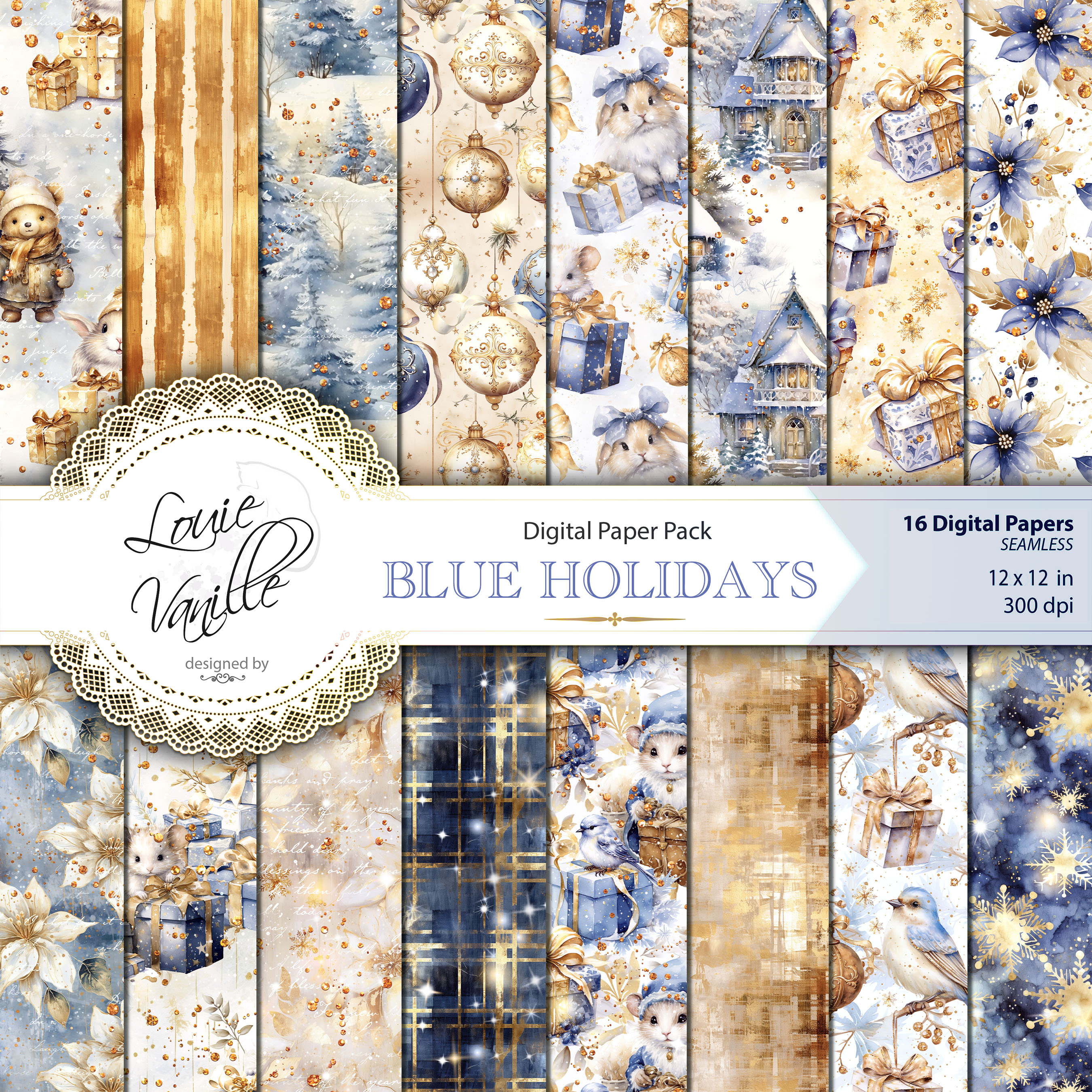 Christmas Digital Paper SEAMLESS, Blue and Gold Holiday Patterns