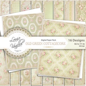 Pagine digitali Vintage Green Cottagecore, 8,5"x11", bordi strappati, motivo floreale antico, sfondo testurizzato e rovinato, carta per scrapbooking Junk Journal