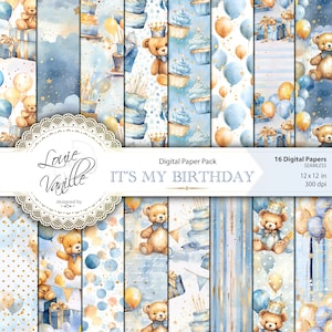 Blue Birthday Party Digital Paper SEAMLESS, Blue and Gold, Birthday Vintage Pattern, Junk Journal Printable Digital Collage