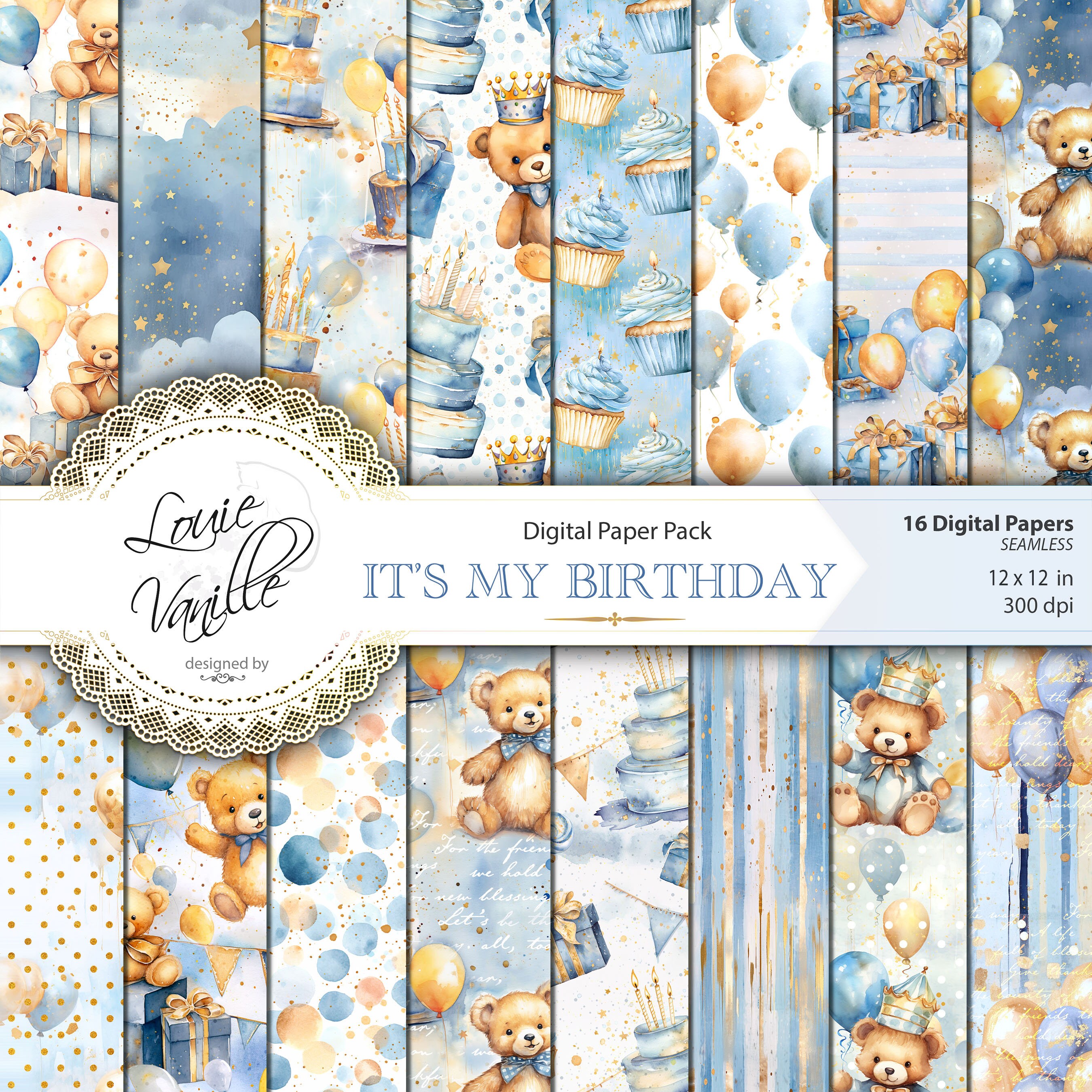 Blue & Gold Birthday Digital Paper: Seamless Vintage Patterns (Digital Download)