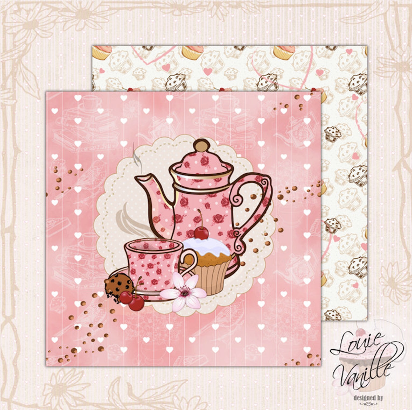 Tea Party Digital Paper Pack Cupcake Digital Paper Tea Party Etsy