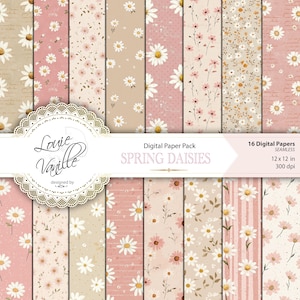 Pacchetto di carta digitale Spring Daisies, sfondo rosa e beige antico senza cuciture, diario spazzatura e scrapbooking