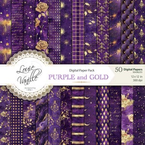 Lila und Goldfarbenes Digital Papier, NAHTLOS Muster, Scrapbooking Seiten, Vintage Papier Set, Junk Journal Printables Digitale Collage
