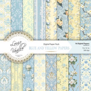 Confezione di carta digitale vintage gialla e blu, sfondo antico senza cuciture, shabby chic, diario spazzatura e scrapbooking