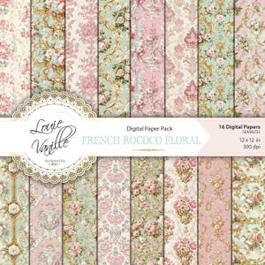 Franse rococo bloemen digitaal papierpakket, NAADLOOS noodlijdend papier, bloemenachtergrond, rococo-rommeldagboek, plakboekpapier