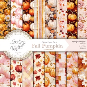 Autumn Pumpkin Digital Paper Pack, Pink Fall SEAMLESS Background Paper Set, Thanksgiving Scrapbooking and Junk Journal Printables