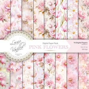 Fiori rosa primaverili Carta digitale SENZA GIUNTE, Motivo floreale Scrapbooking, Stampabili digitali del diario spazzatura rosa, Collage digitale del giardino fiorito