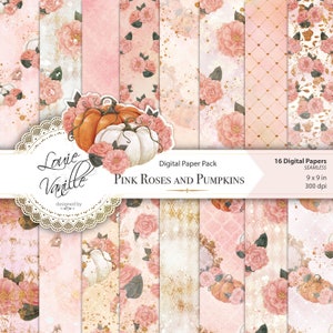 Pink Roses and Pumpkins Digital Seamless Papers, Fall Graphics, Autumn Roses